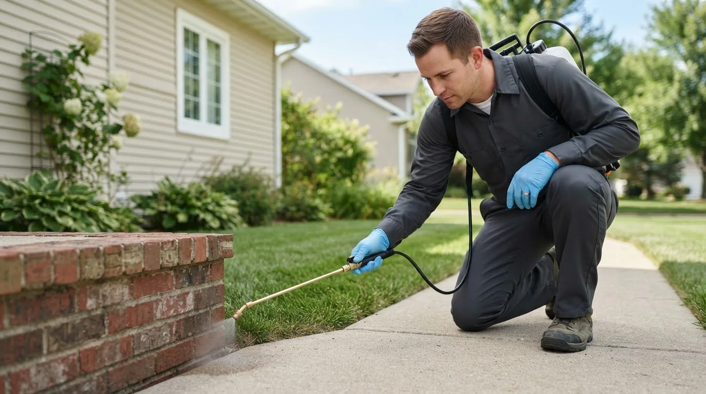 Pest control technician treating a home near Toomsboro, GA